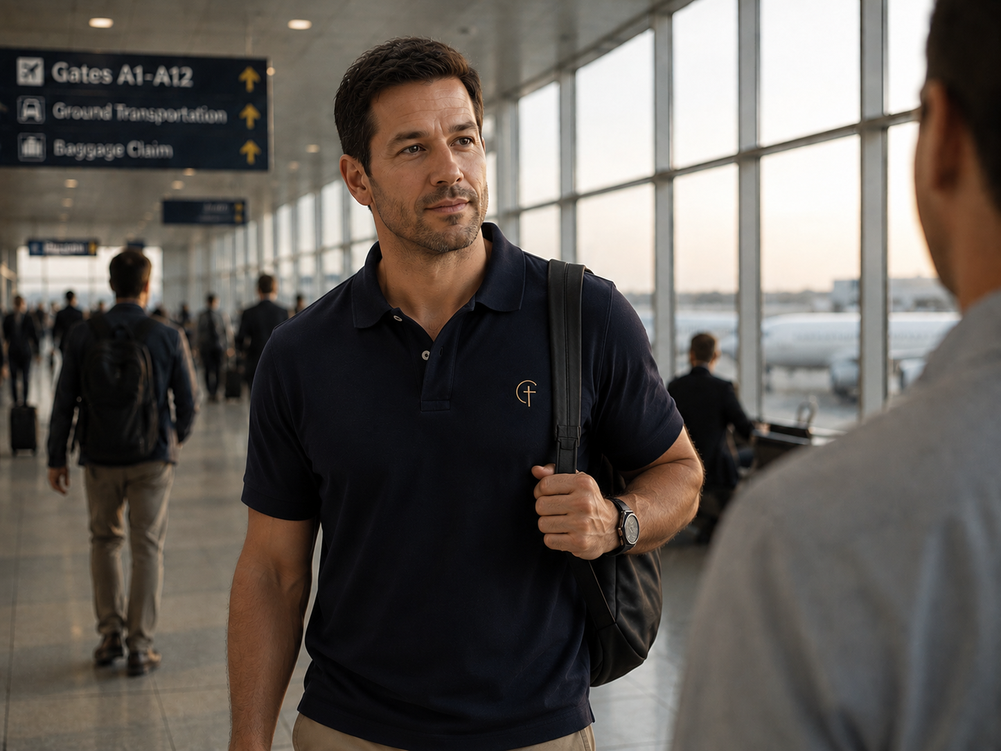 The Verse Polo™ in Navy — worn, lifestyle shot walking through an airport