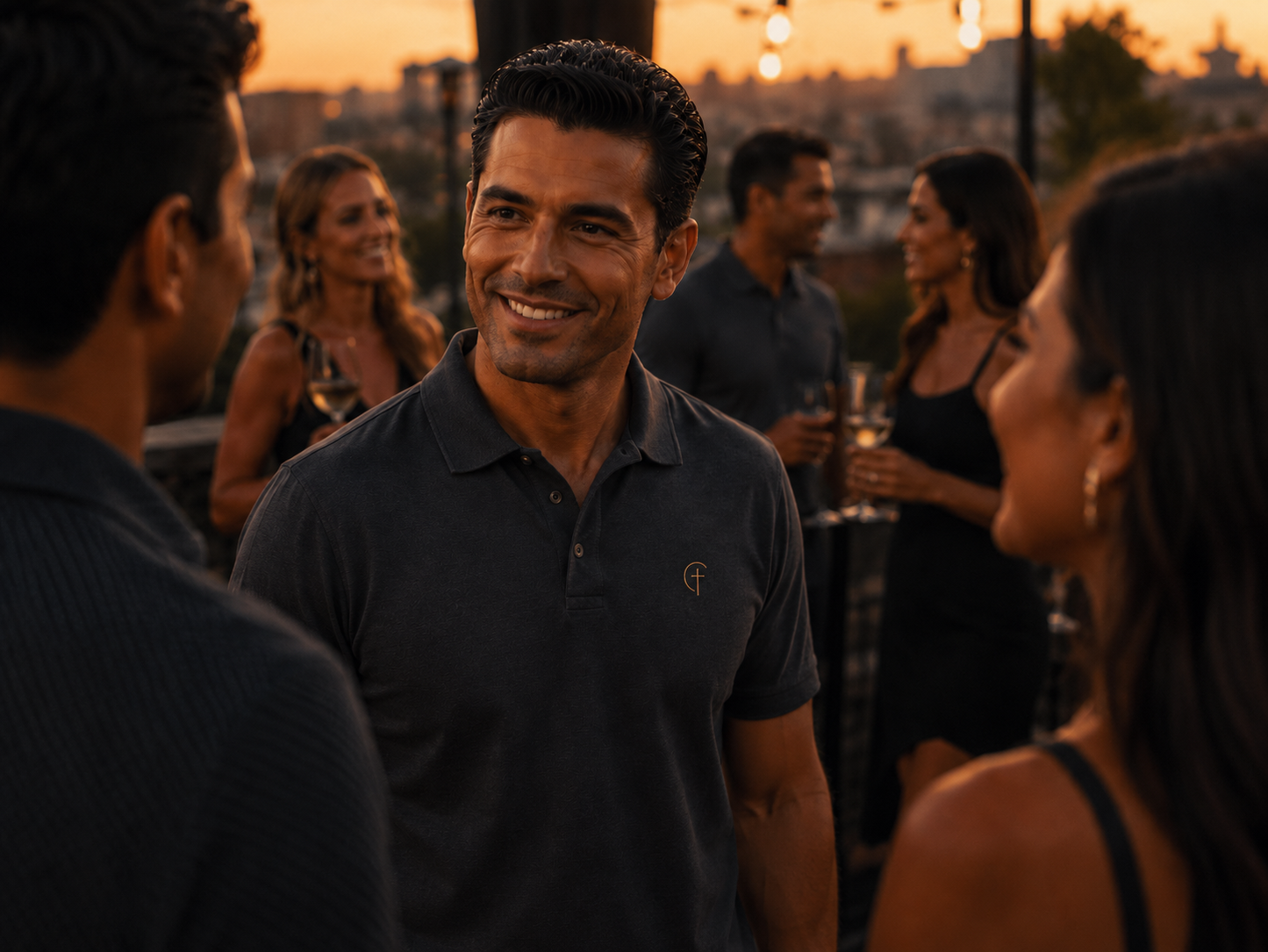The Verse Polo™ in Graphite — worn, lifestyle shot at a rooftop gathering