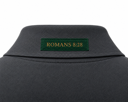 The Verse Polo™ in Graphite — back collar detail showing the Ordinary green verse patch, Romans 8:28