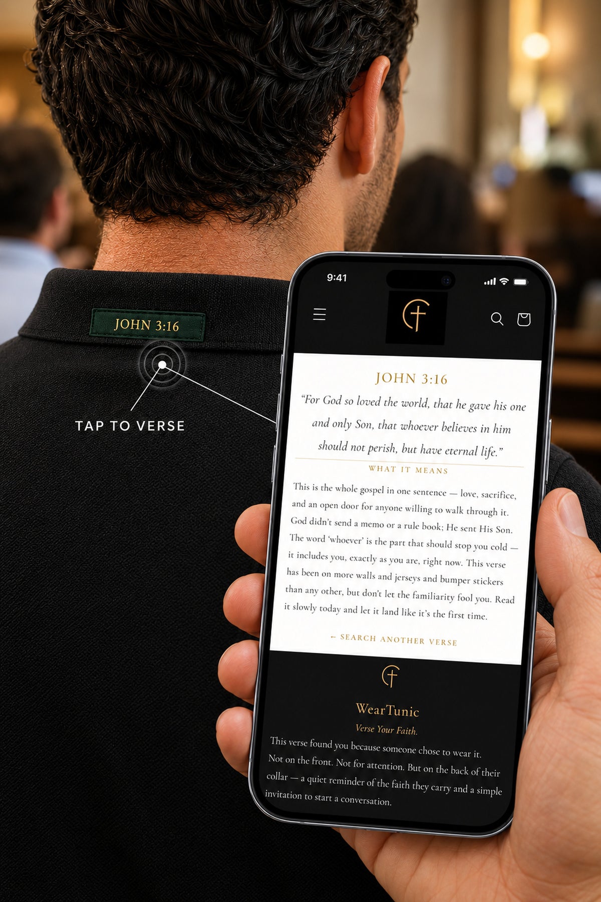The Verse Polo™ in Black — Tap to Verse™: a phone held to the John 3:16 back collar patch opens the verse page
