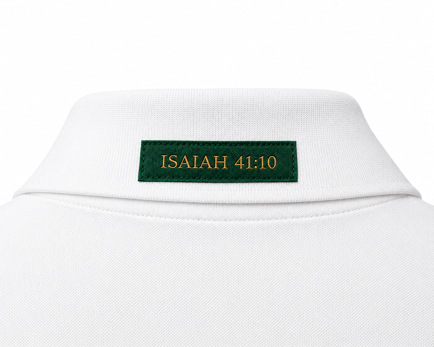 The Verse Polo™ in White — back collar detail showing the Ordinary green verse patch, Isaiah 41:10