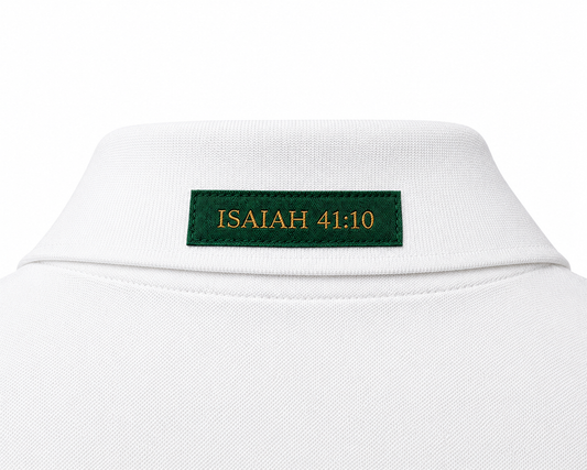 The Verse Polo™ in White — back collar detail showing the Ordinary green verse patch, Isaiah 41:10