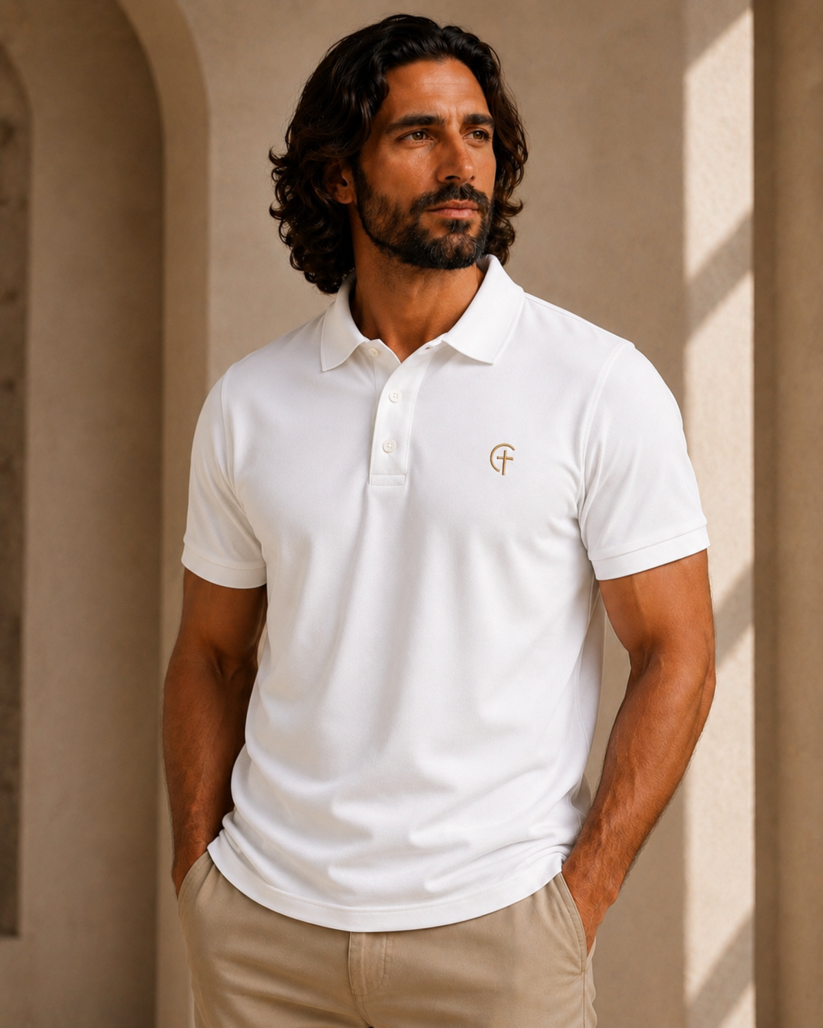 A man wearing a white short-sleeve polo shirt with a small gold embroidered monogram logo on the left chest, paired with beige trousers, standing in a warm-toned architectural setting.