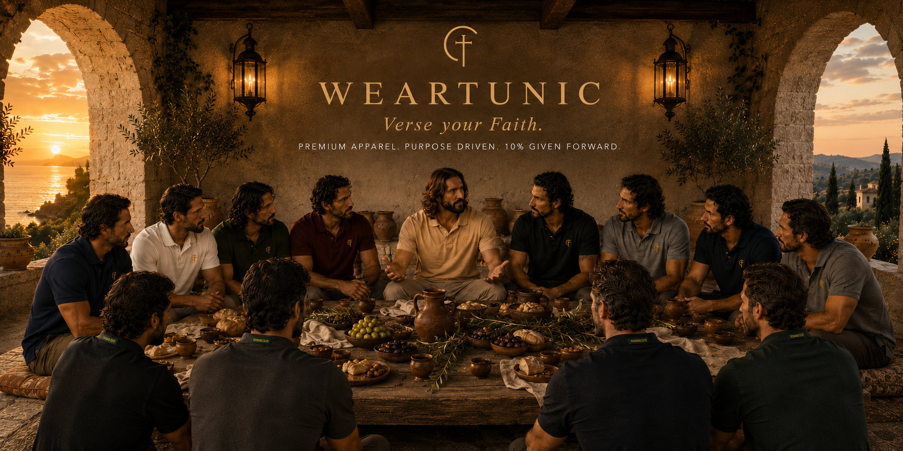 A group of men seated around a table in a rustic outdoor setting at sunset, with the Weartunic logo and tagline displayed prominently above them on a stone wall.