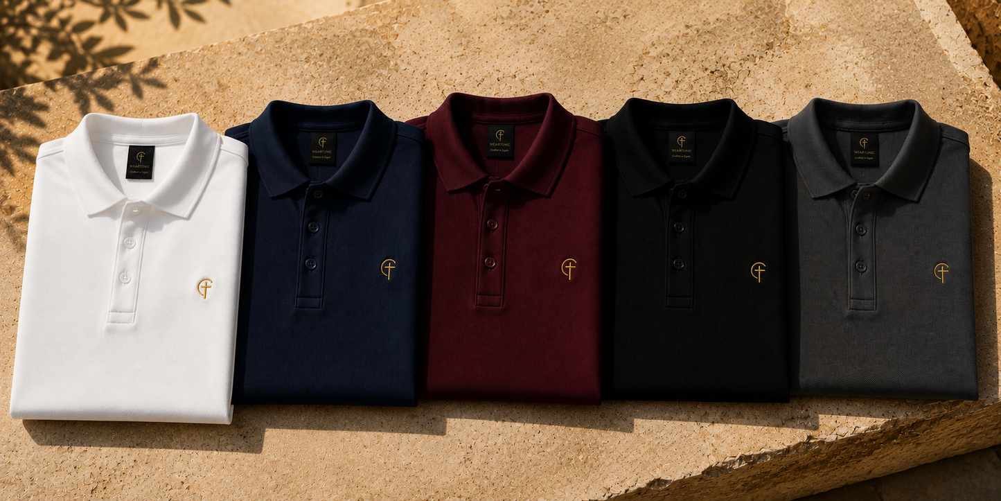 Five folded polo shirts in white, navy, burgundy, black, and gray are lined up side-by-side on a textured beige stone surface. Each polo shirt features a small embroidered gold monogram logo on the chest.