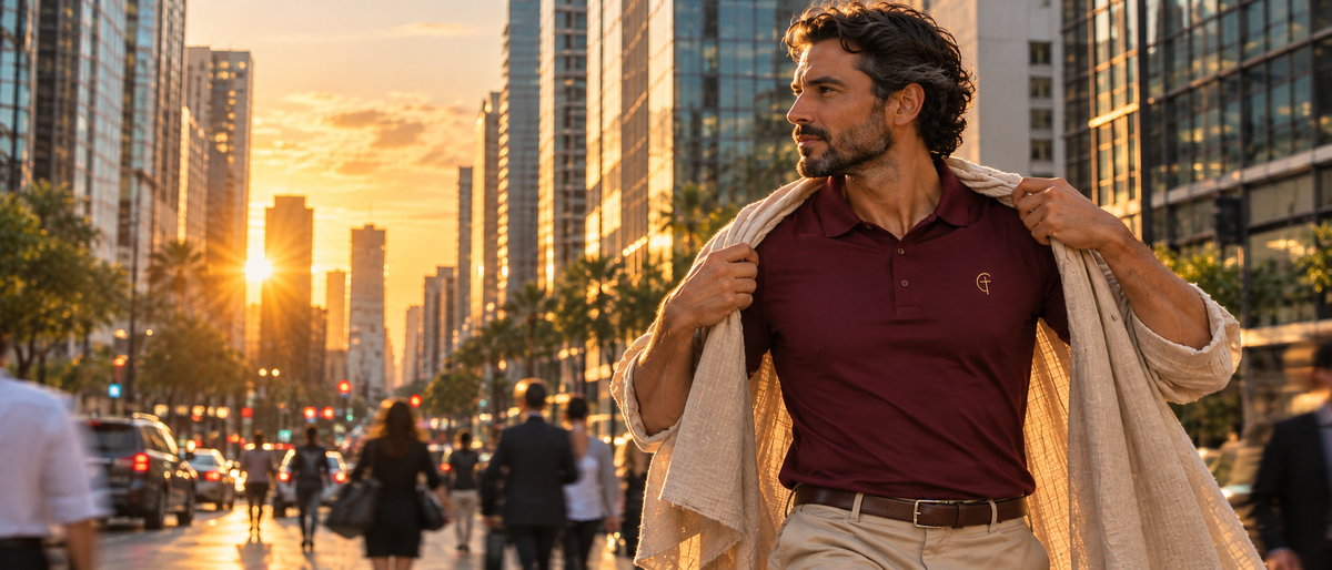 Man in a burgundy Verse Polo™ draping a linen tunic over his shoulders on a city street at sunset