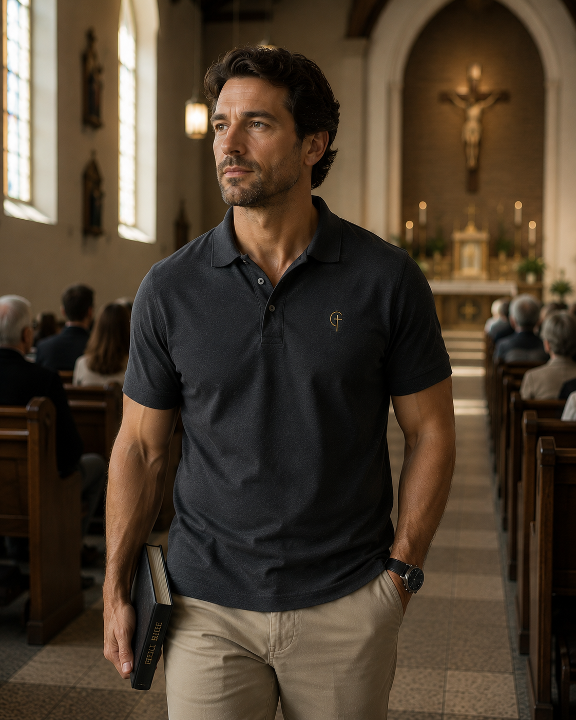 The Verse Polo™ in Graphite — worn, lifestyle shot inside a church