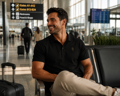 The Verse Polo™ in Black — worn, lifestyle shot at an airport