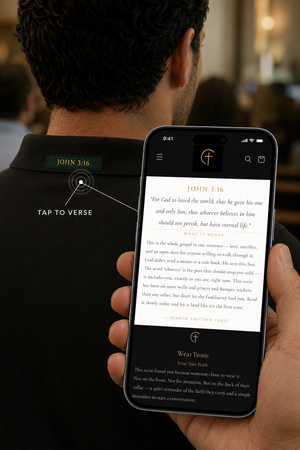 The Verse Polo™ in Black — Tap to Verse™ demonstration, phone held near the back collar showing the verse meaning on screen
