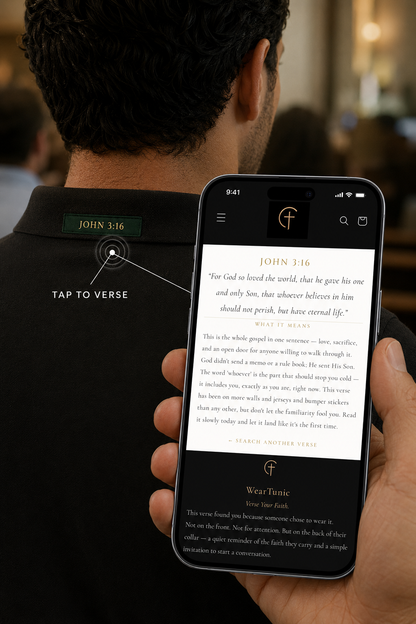 The Verse Polo™ in Black — Tap to Verse™ demonstration, phone held near the back collar showing the verse meaning on screen