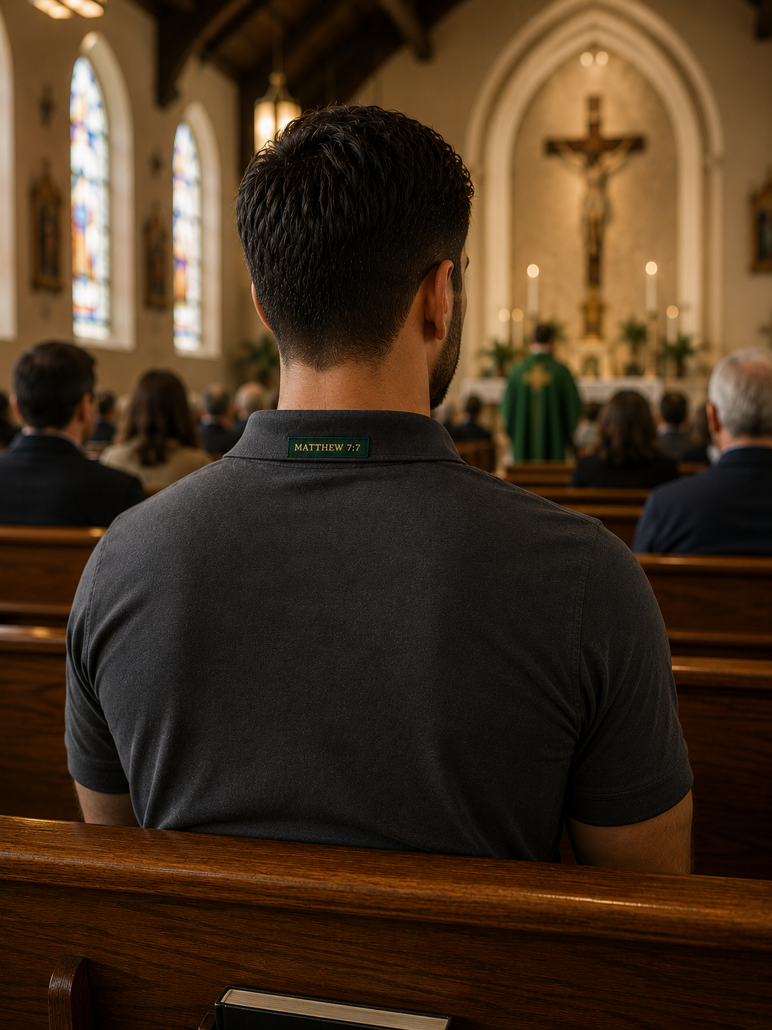 The Verse Polo™ in Graphite — back view, worn in a church pew, showing the verse patch visible to the person behind