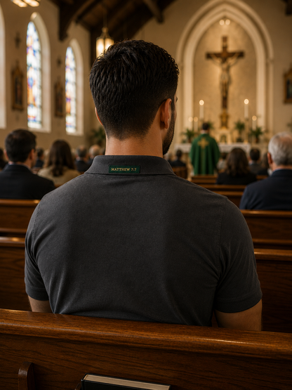 The Verse Polo™ in Graphite — back view, worn in a church pew, showing the verse patch visible to the person behind